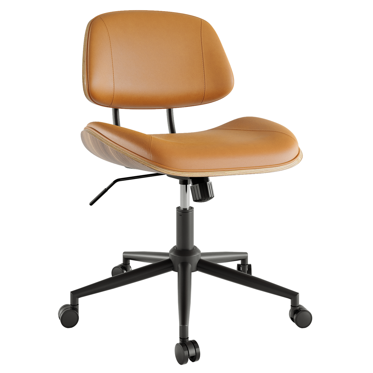 Armless Office Chair with Wheels, PU Leather Desk Chair, Black | Adjustable Height Task Chair, 360° Swivel Ergonomic Computer Chair for Small Space, Modern Walnut Style, Home & Meeting Room
