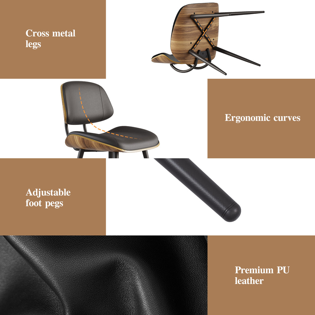 Walnut Bentwood Armless PU Leather Dining Chairs Set of 2, Black | PU leather seat with walnut bentwood back & metal legs, armless retro design, sturdy construction for dining & living room