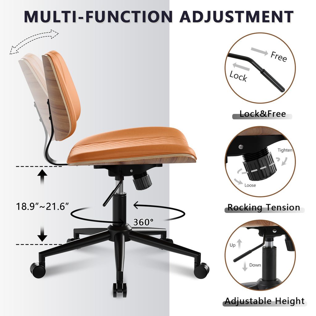 Home Office Chair No Arms with Wheels, Mid Back Walnut Style