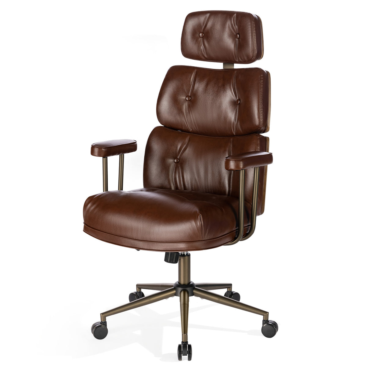 Mid-Century Modern Ergonomic Office Chair, High Back Headrest, Black | Faux Leather Executive Desk Chair, Walnut Bentwood & Adjustable Headrest, Swivel Computer Chair for Home Office, 300LBS Cap