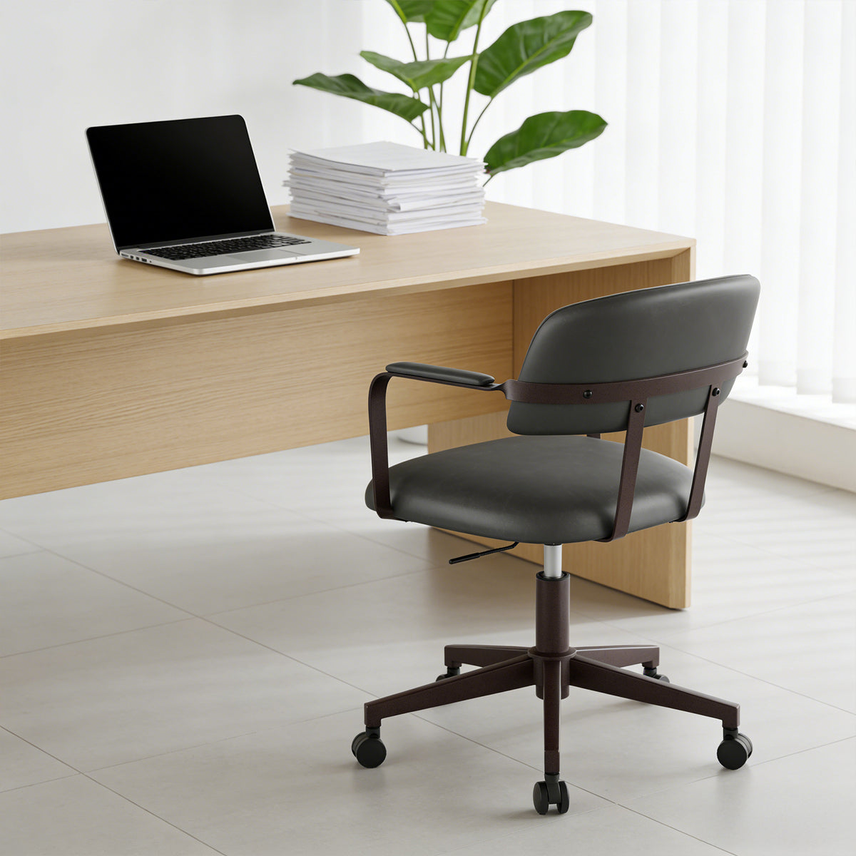 Quiet Small Modern Office Chair PU Leather Black | Padded Armrests, Curved Back Support, 360° Swivel, Height Adjustable, Quiet PU Wheels, Faux Leather, 300 lb Limit, Easy Clean