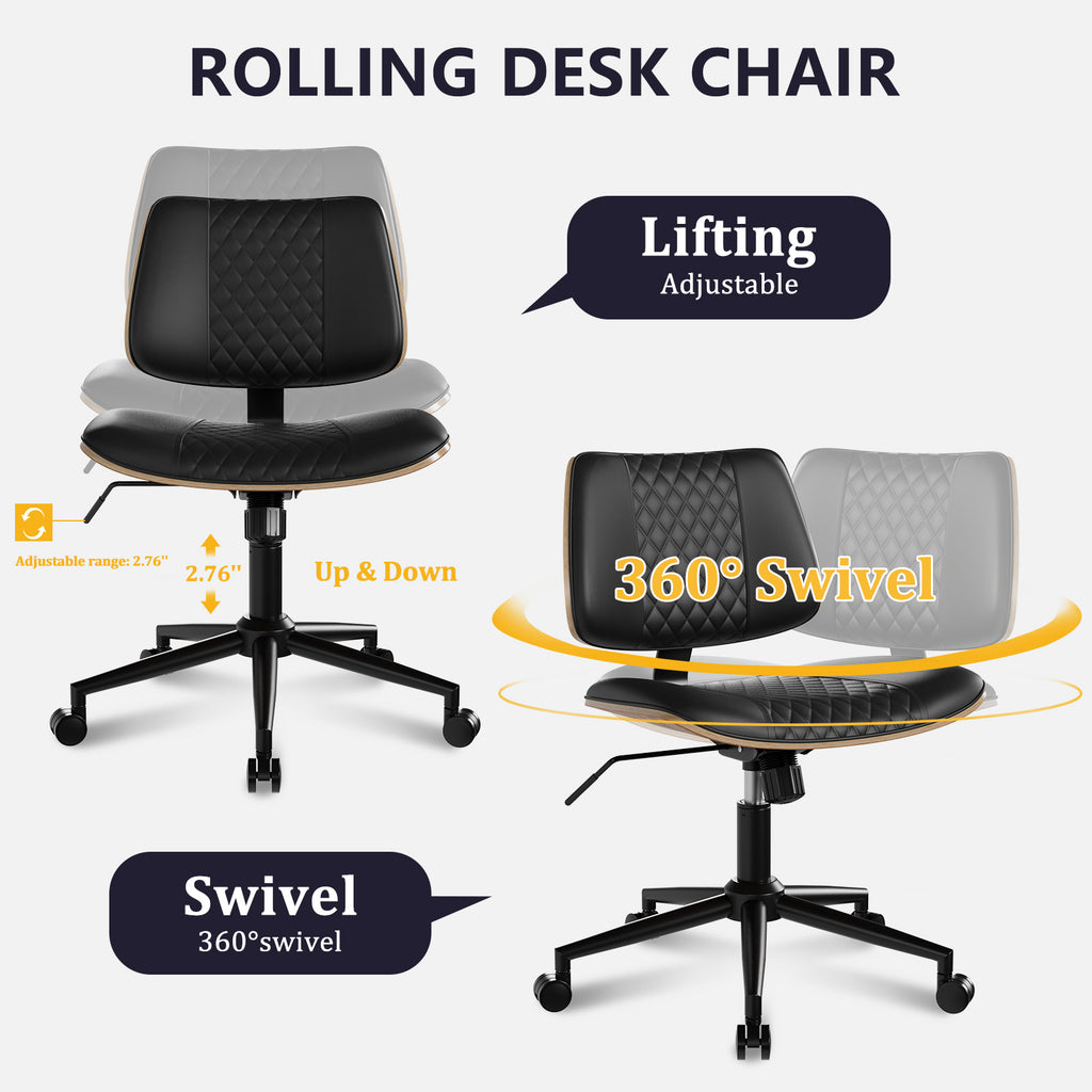 Home Office Chair No Arms with Wheels, Mid Back Walnut Style