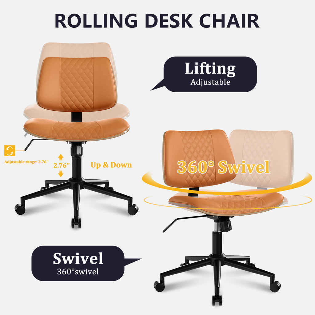Home Office Chair No Arms with Wheels, Mid Back Walnut Style