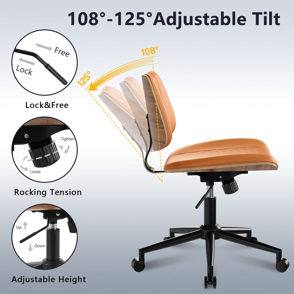 Home Office Chair No Arms with Wheels, Mid Back Walnut Style