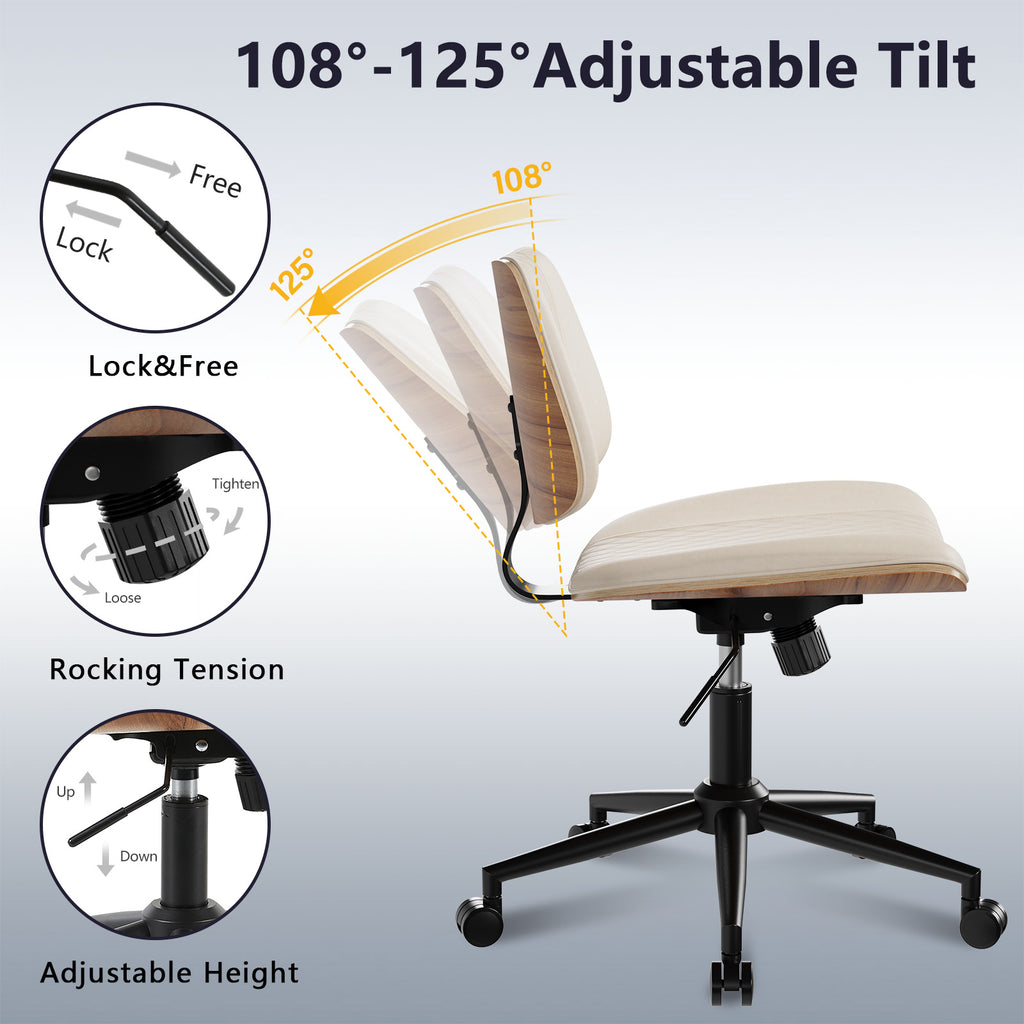 Home Office Chair No Arms with Wheels, Mid Back Walnut Style