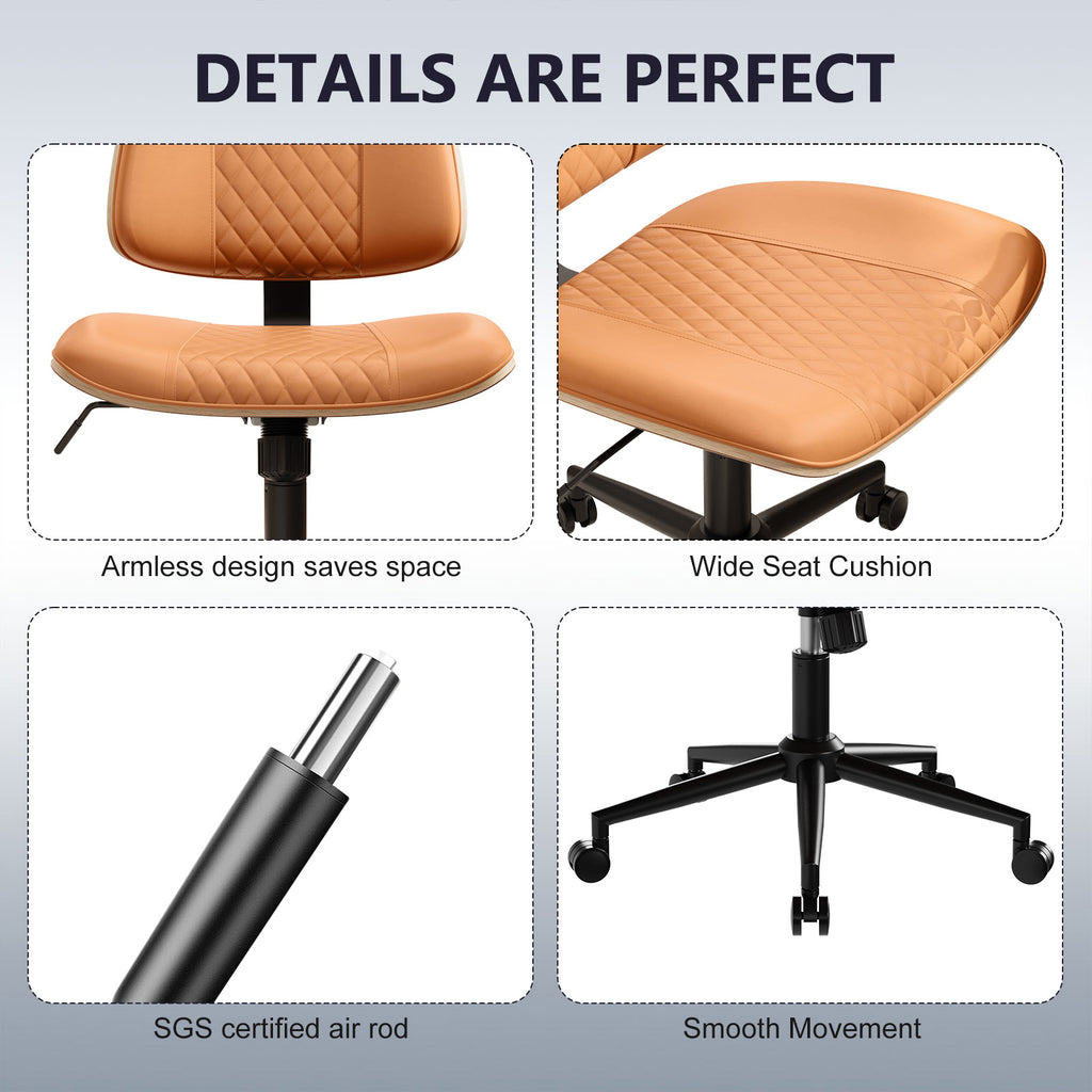 Home Office Chair No Arms with Wheels, Mid Back Walnut Style,Black-2 | Adjustable Height Small Desk Chair, PU Leather Mid Back 360 Swivel Computer Seating, Armless Walnut Office Chair, 300LBS