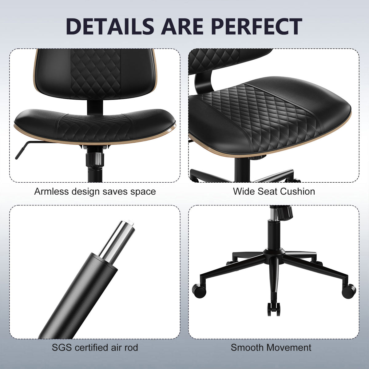 Home Office Chair No Arms with Wheels, Mid Back Walnut Style