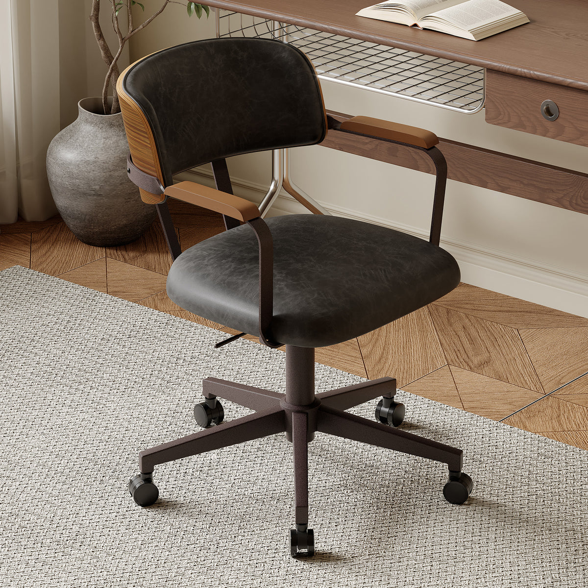 Mid-Century Modern Office Desk Chair Walnut Bentwood Brown | Wood Armrests, Walnut Bentwood Back, 360° Swivel, Height Adjustable, Quiet PU Wheels, Faux Leather, 300 lb Limit, Easy Clean