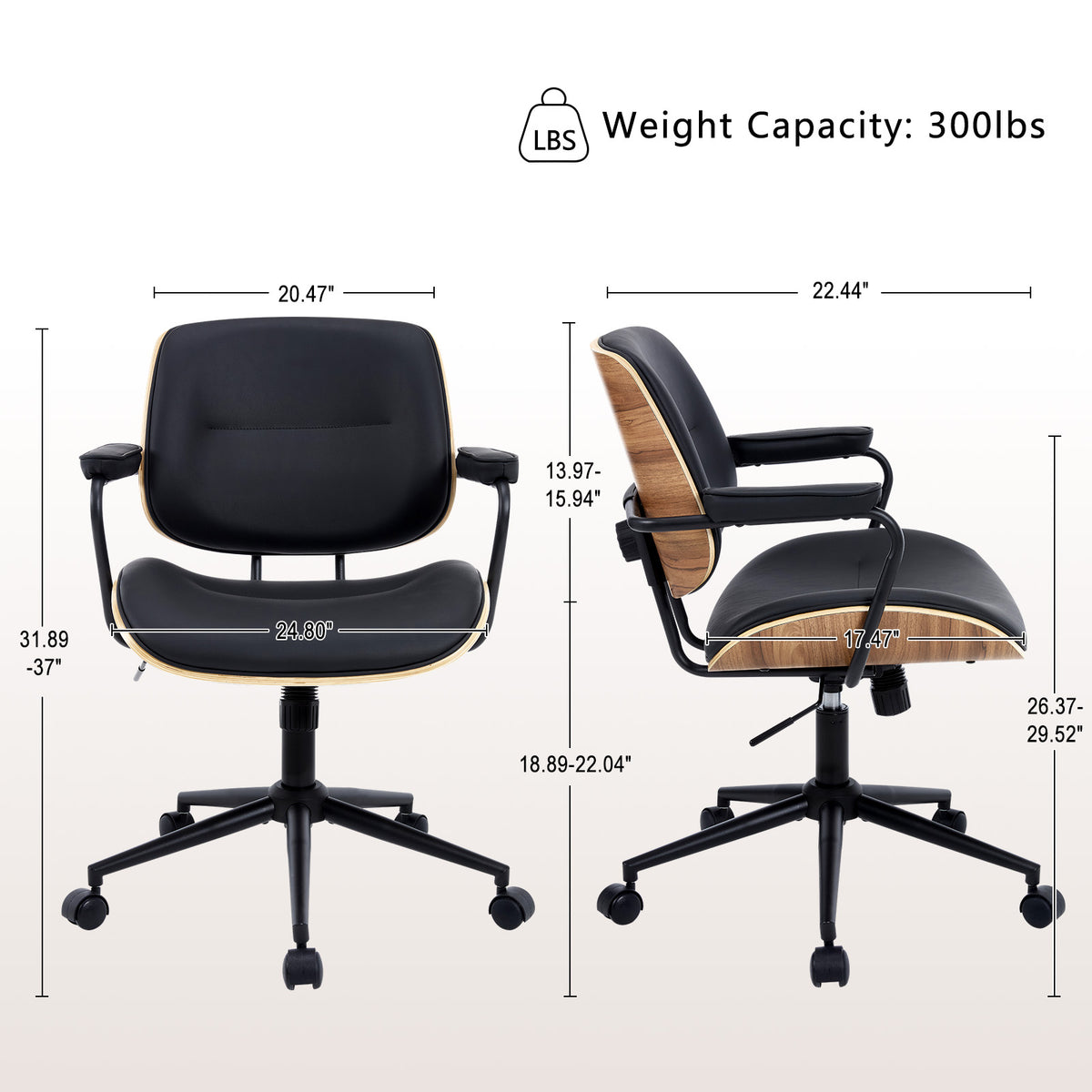 Mid Century Modern Office Chair with Armrest and Adjustable Backrest, Black | Wooden frame with armrests & adjustable backrest, swivel & height-adjustable, PU leather seat for home office comfort