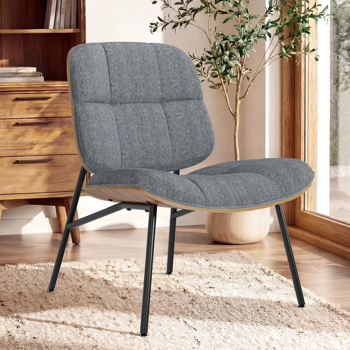 Mid-Century Modern Armless Accent Chair, Wide Tufted Chenille, Beige | Wide Seat for Cross-Legged Sitting, Tufted Bentwood Frame, Upholstered Chenille, Metal Legs, Living Room & Bedroom, 300LBS