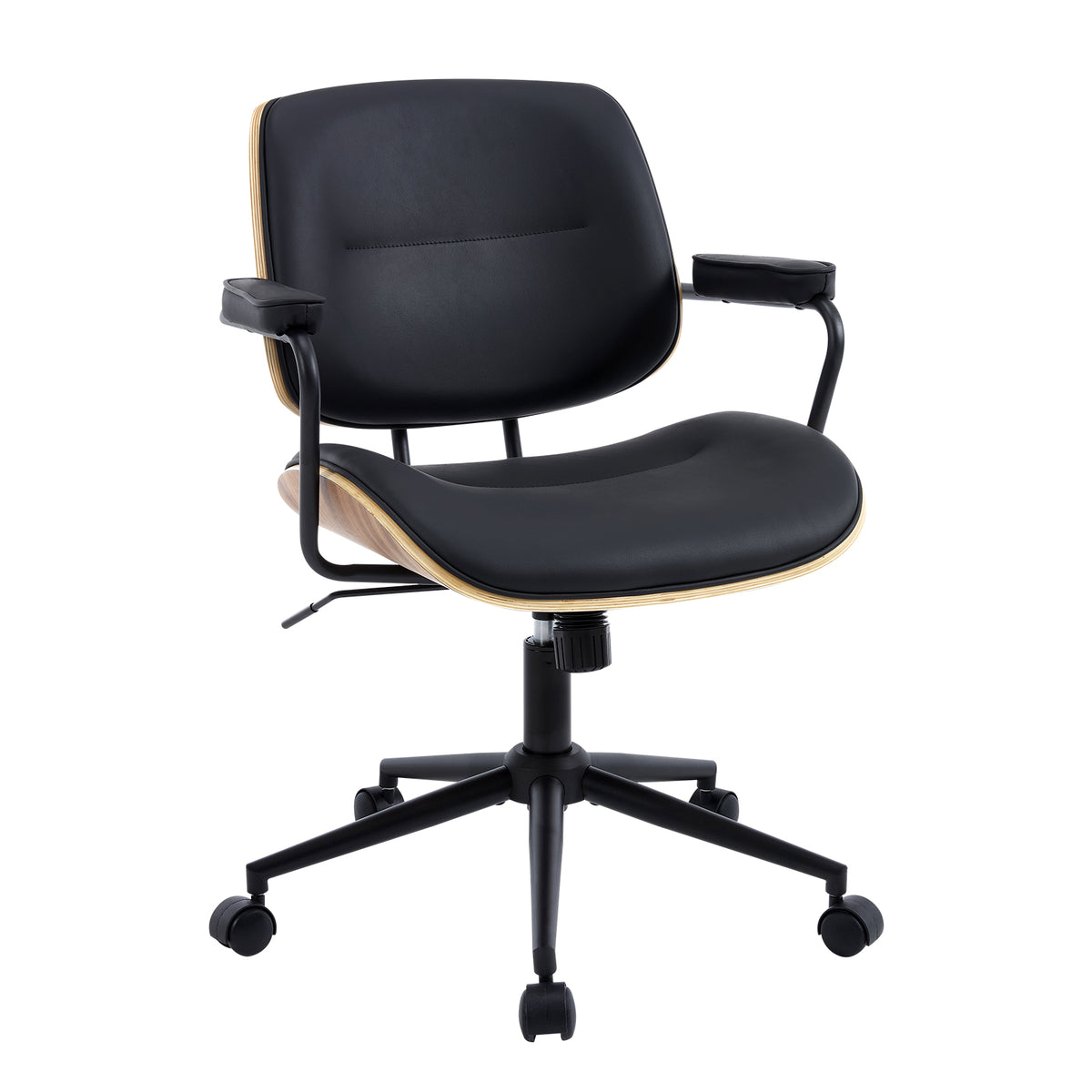 Mid Century Modern Office Chair with Armrest and Adjustable Backrest, Black | Wooden frame with armrests & adjustable backrest, swivel & height-adjustable, PU leather seat for home office comfort