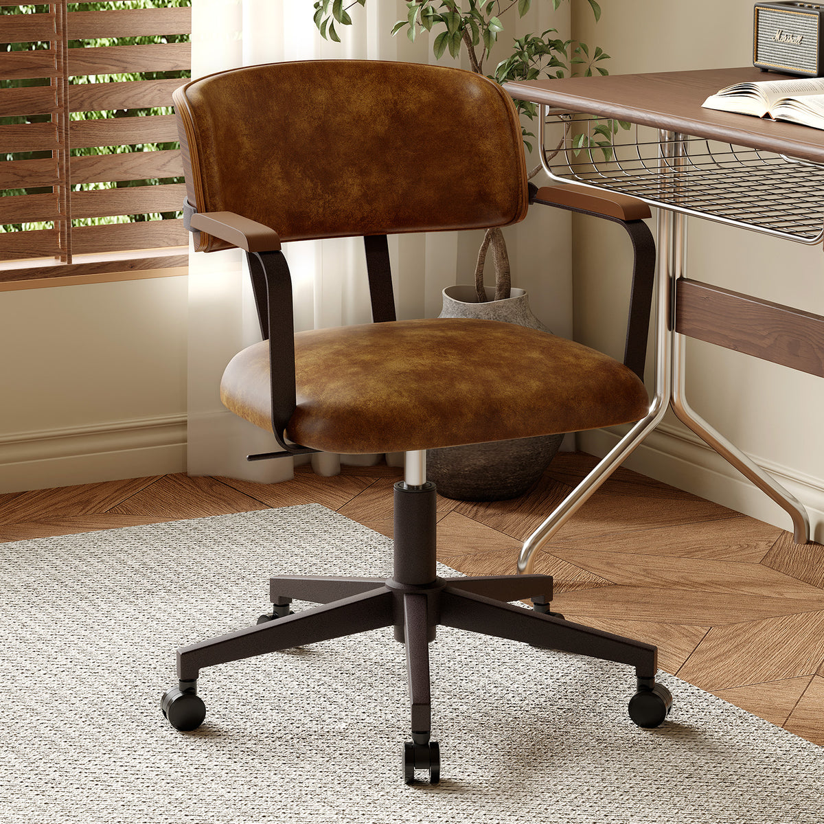 Mid-Century Modern Office Desk Chair Walnut Bentwood Brown | Wood Armrests, Walnut Bentwood Back, 360° Swivel, Height Adjustable, Quiet PU Wheels, Faux Leather, 300 lb Limit, Easy Clean