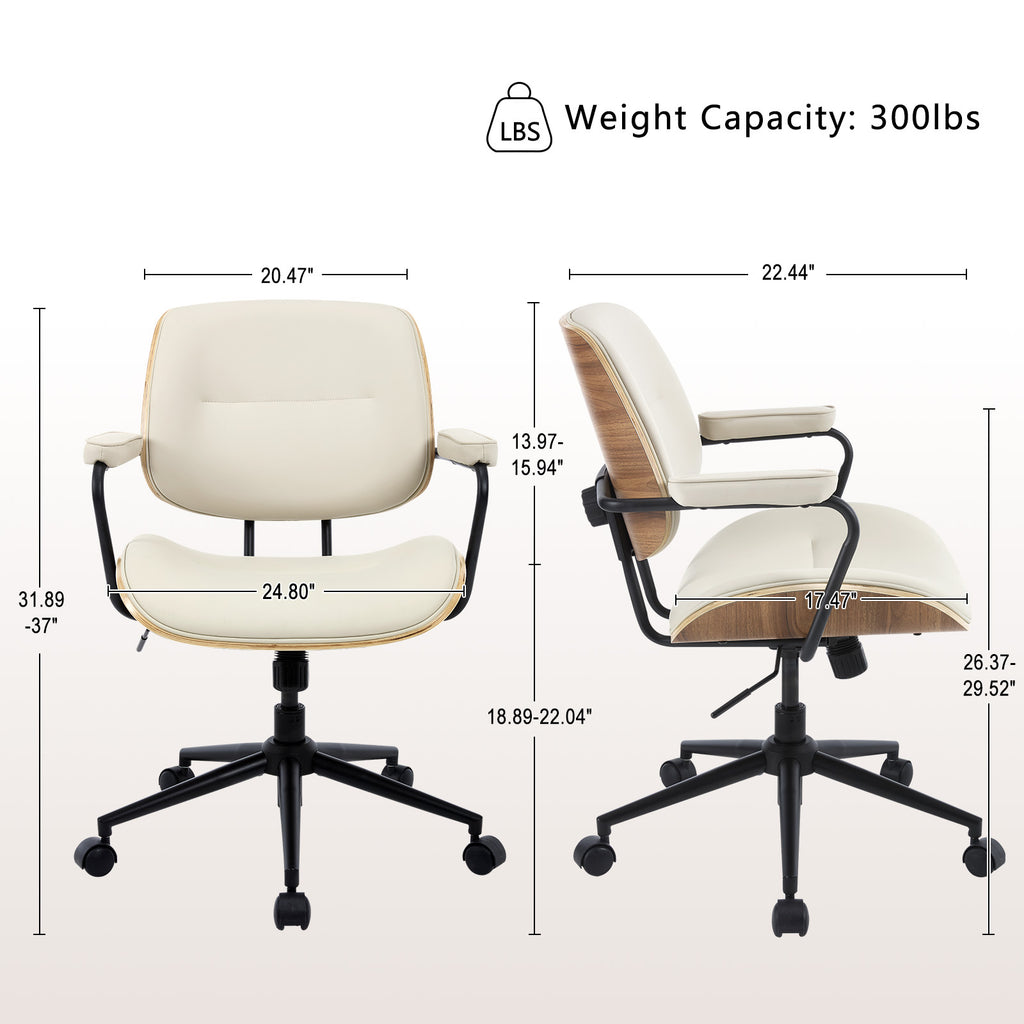 Mid Century Modern Office Chair with Armrest and Adjustable Backrest, Black | Wooden frame with armrests & adjustable backrest, swivel & height-adjustable, PU leather seat for home office comfort