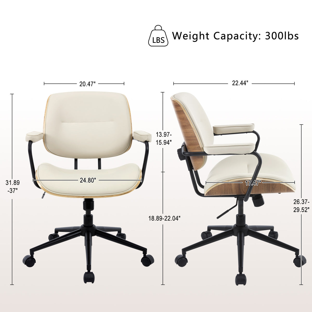 Mid Century Modern Office Chair with Armrest and Adjustable Backrest, Black | Wooden frame with armrests & adjustable backrest, swivel & height-adjustable, PU leather seat for home office comfort