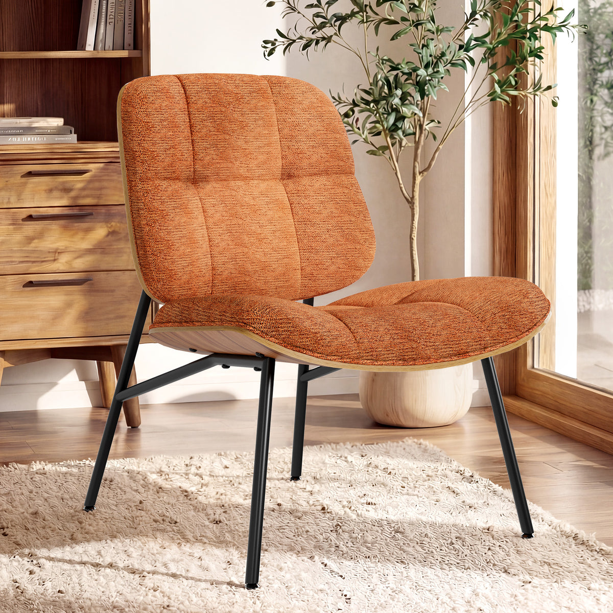 Mid-Century Modern Armless Accent Chair, Wide Tufted Chenille, Beige | Wide Seat for Cross-Legged Sitting, Tufted Bentwood Frame, Upholstered Chenille, Metal Legs, Living Room & Bedroom, 300LBS