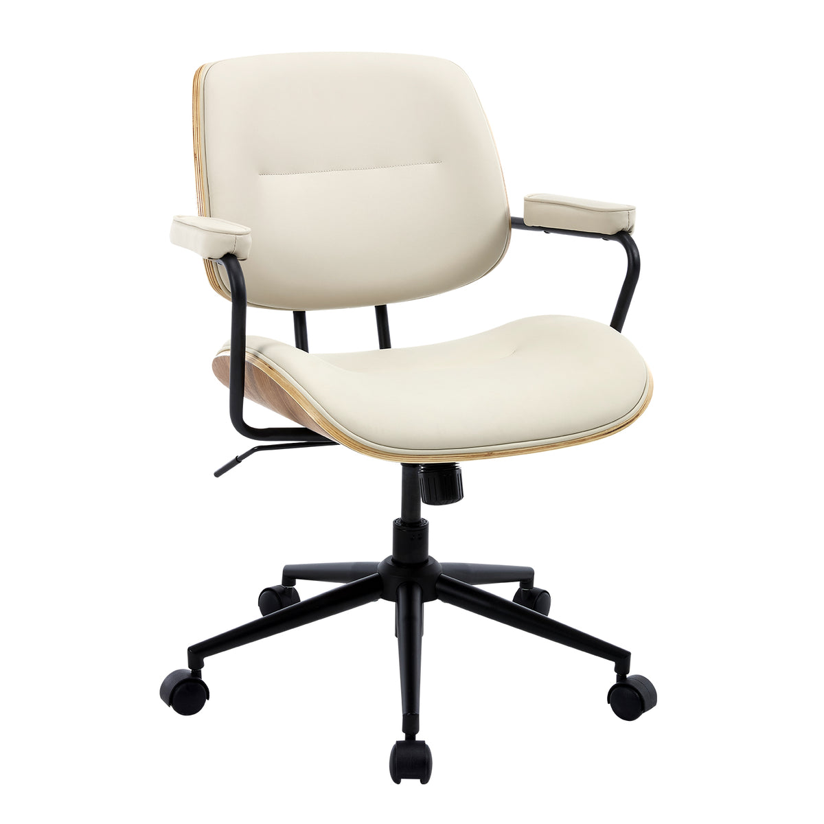 Mid Century Modern Office Chair with Armrest and Adjustable Backrest, Black | Wooden frame with armrests & adjustable backrest, swivel & height-adjustable, PU leather seat for home office comfort