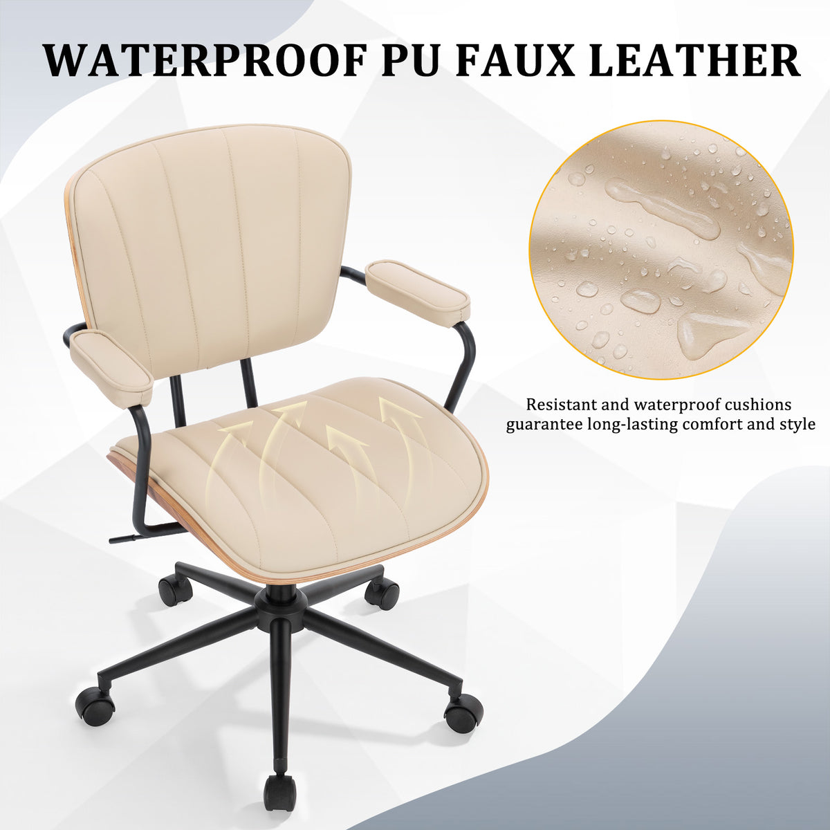 Mid Century Modern Walnut Leather Office Chair with Arms, Black | Fixed walnut bentwood back with armrests, height-adjustable swivel rolling base, PU leather seat, ideal for home office use