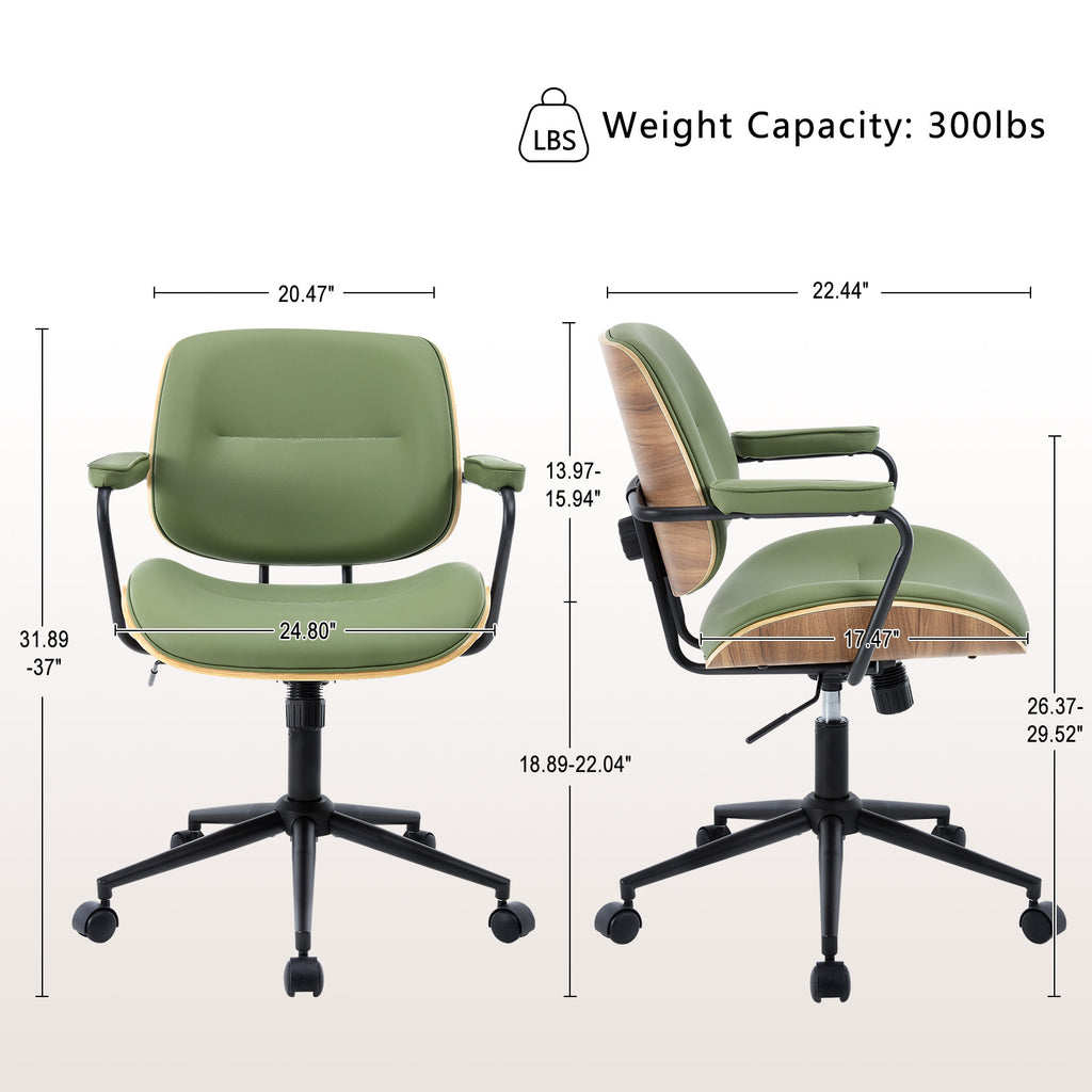 Mid Century Modern Office Chair with Armrest and Adjustable Backrest, Black | Wooden frame with armrests & adjustable backrest, swivel & height-adjustable, PU leather seat for home office comfort