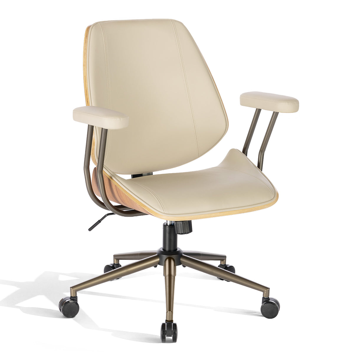 Modern Mid Back Office Chair, Adjustable Swivel Desk Chair with Arms, Black | Faux leather seat, wood accent detail, mid-back with padded armrests, adjustable swivel, for home office, bedroom & study