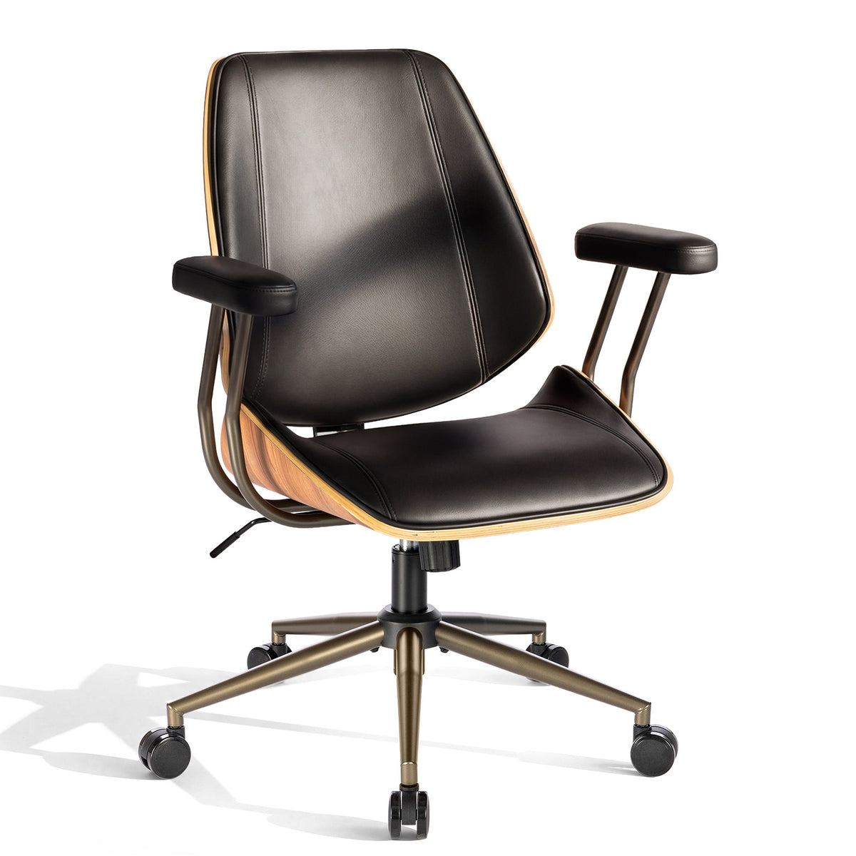 Modern Mid Back Office Chair, Adjustable Swivel Desk Chair with Arms, Black | Faux leather seat, wood accent detail, mid-back with padded armrests, adjustable swivel, for home office, bedroom & study