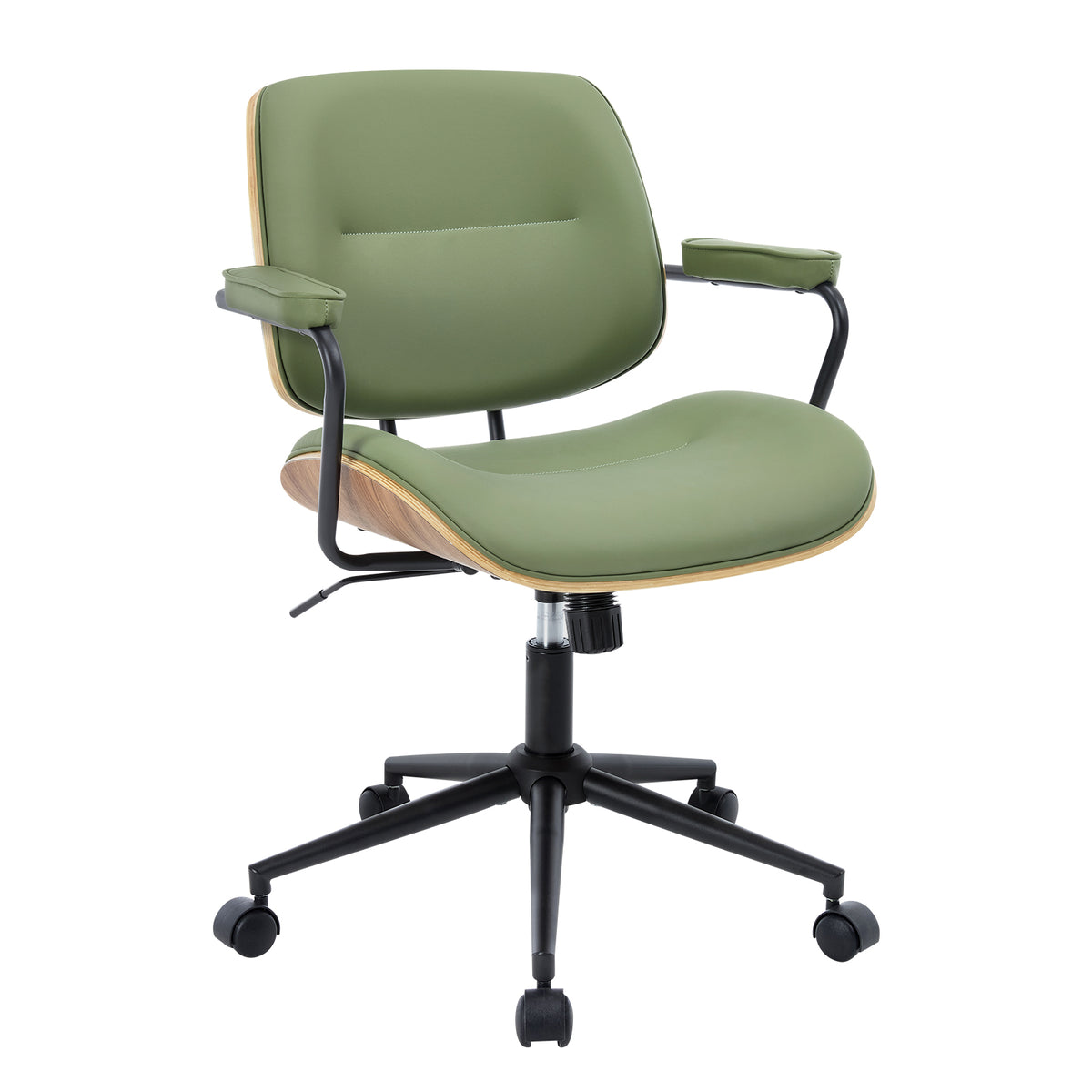 Mid Century Modern Office Chair with Armrest and Adjustable Backrest, Black | Wooden frame with armrests & adjustable backrest, swivel & height-adjustable, PU leather seat for home office comfort