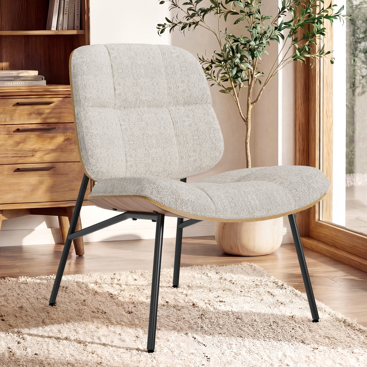 Mid-Century Modern Armless Accent Chair, Wide Tufted Chenille, Beige | Wide Seat for Cross-Legged Sitting, Tufted Bentwood Frame, Upholstered Chenille, Metal Legs, Living Room & Bedroom, 300LBS