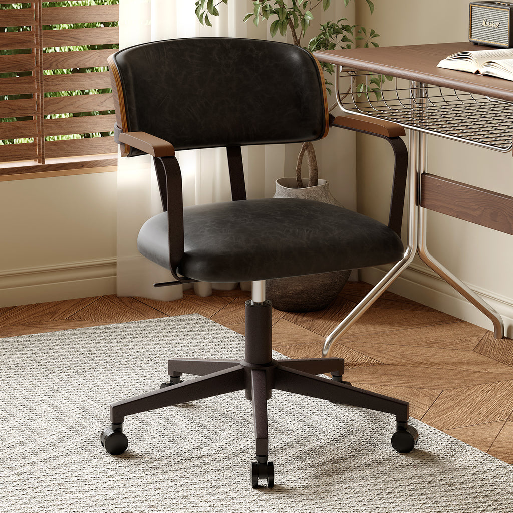 Mid-Century Modern Office Desk Chair Walnut Bentwood Brown | Wood Armrests, Walnut Bentwood Back, 360° Swivel, Height Adjustable, Quiet PU Wheels, Faux Leather, 300 lb Limit, Easy Clean
