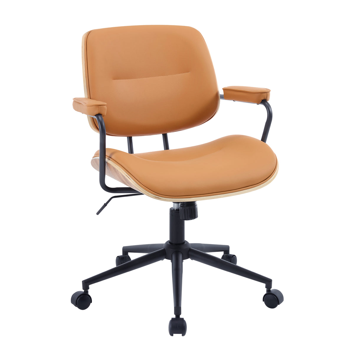 Mid Century Modern Office Chair with Armrest and Adjustable Backrest, Black | Wooden frame with armrests & adjustable backrest, swivel & height-adjustable, PU leather seat for home office comfort