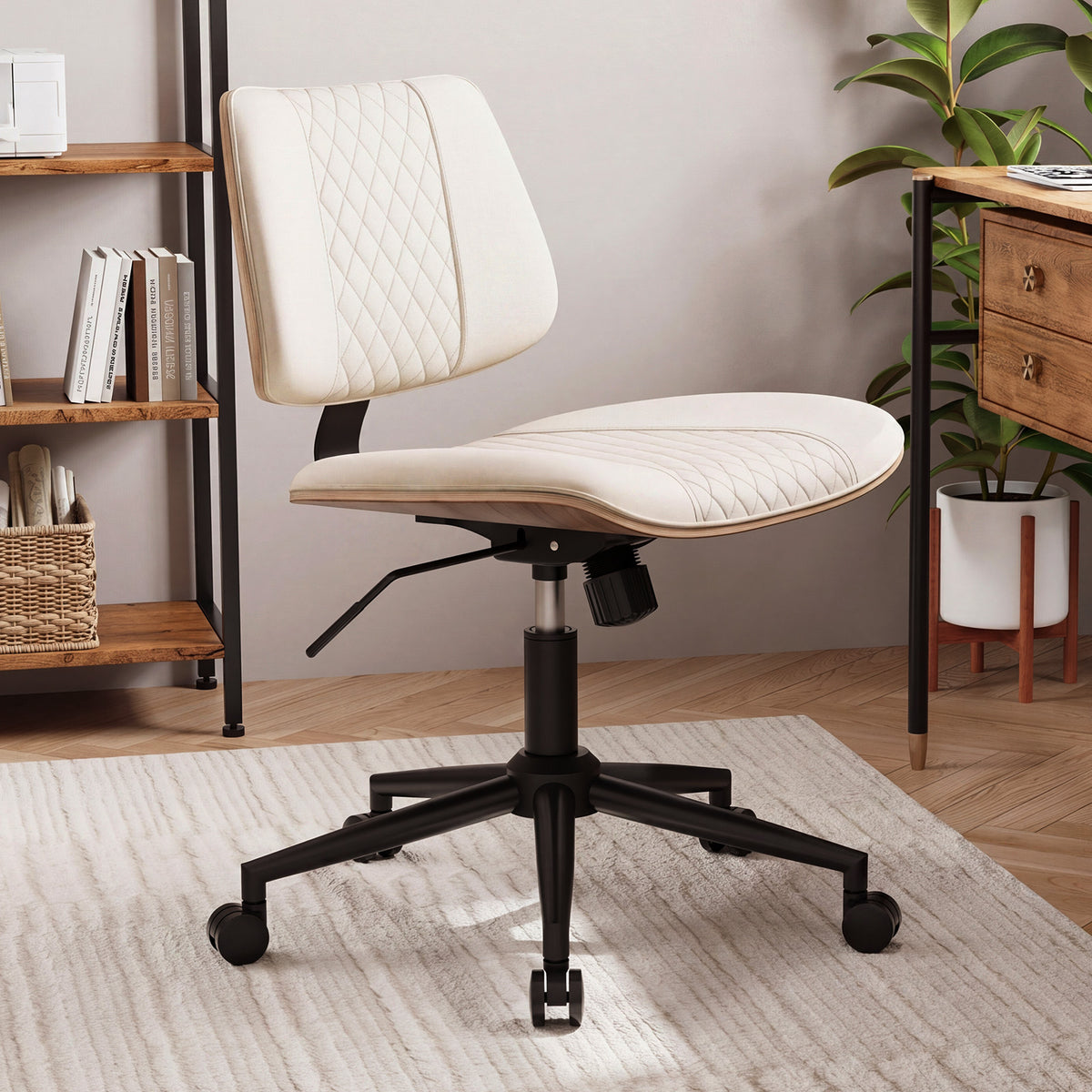 Home Office Chair No Arms with Wheels, Mid Back Walnut Style