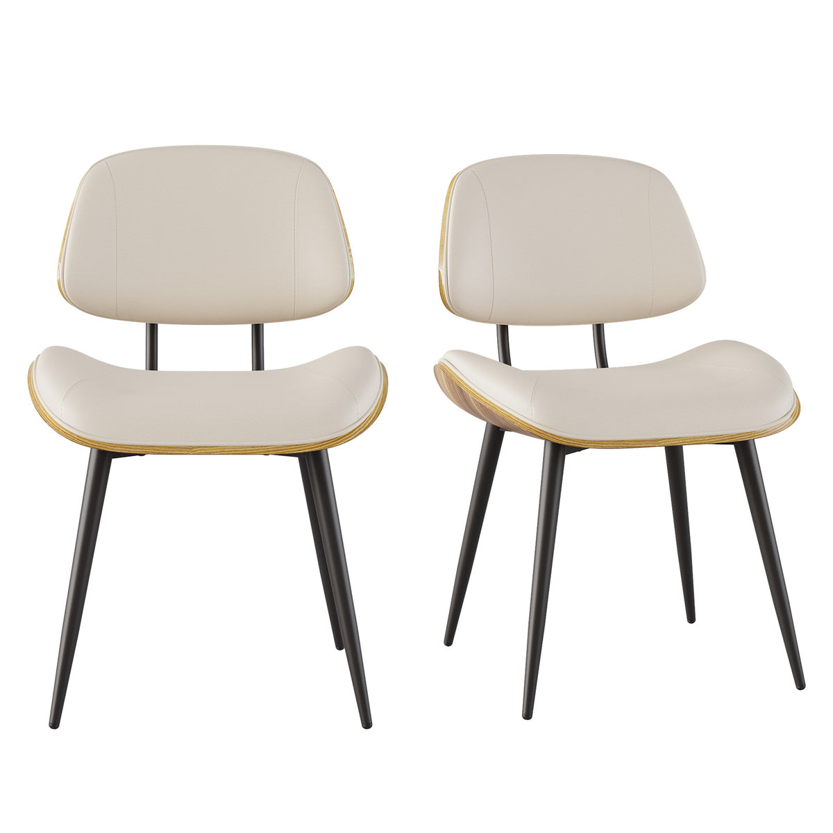 Walnut Bentwood Armless PU Leather Dining Chairs Set of 2, Black | PU leather seat with walnut bentwood back & metal legs, armless retro design, sturdy construction for dining & living room