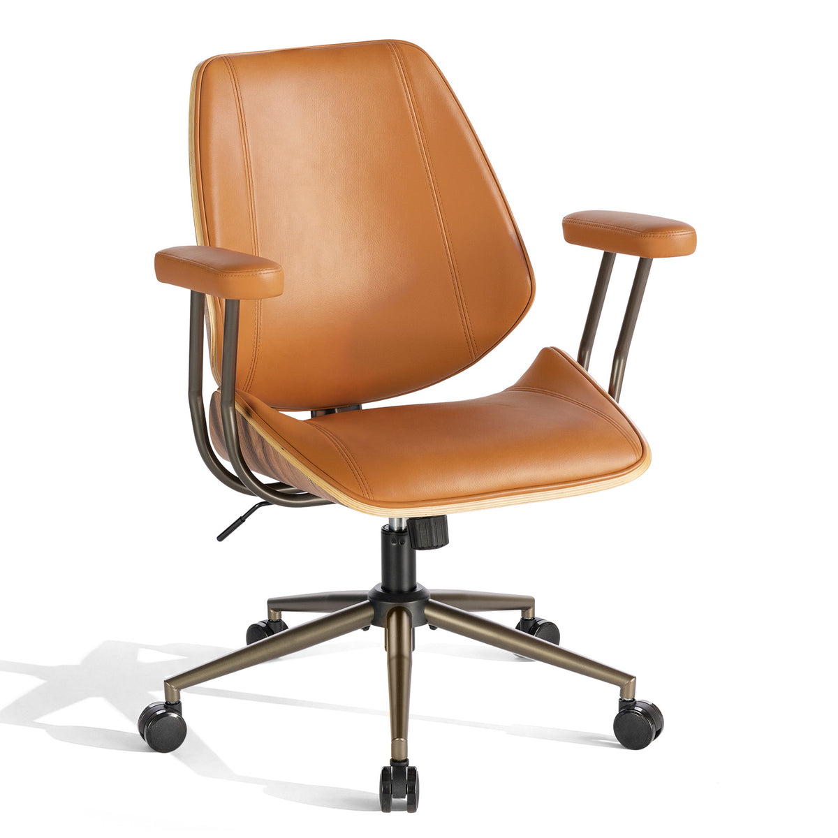 Modern Mid Back Office Chair, Adjustable Swivel Desk Chair with Arms, Black | Faux leather seat, wood accent detail, mid-back with padded armrests, adjustable swivel, for home office, bedroom & study