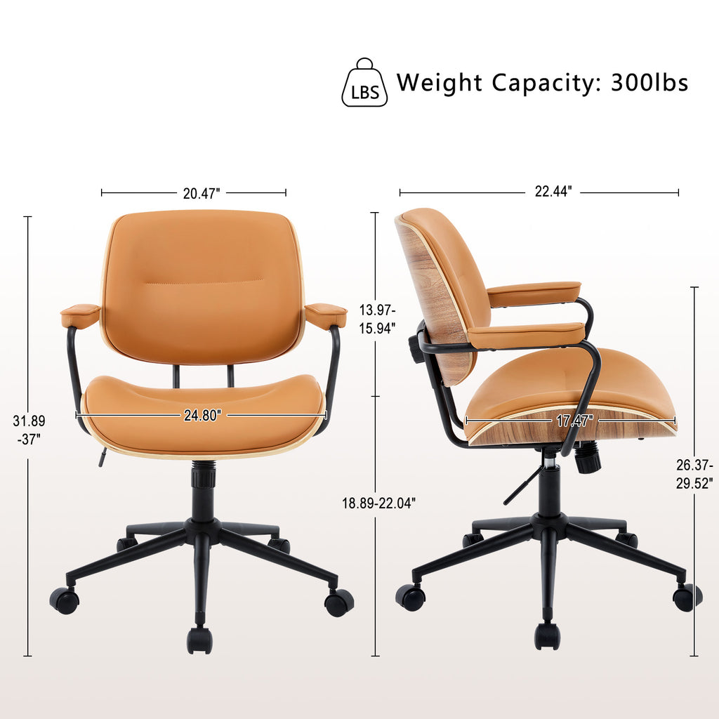 Mid Century Modern Office Chair with Armrest and Adjustable Backrest, Black | Wooden frame with armrests & adjustable backrest, swivel & height-adjustable, PU leather seat for home office comfort