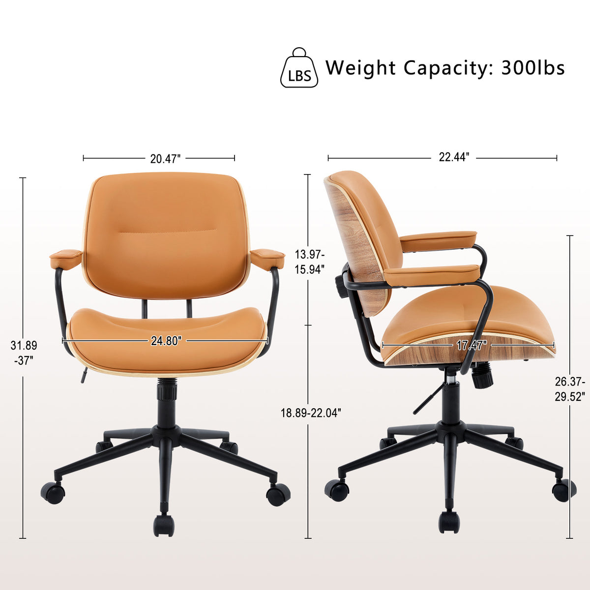 Mid Century Modern Office Chair with Armrest and Adjustable Backrest, Black | Wooden frame with armrests & adjustable backrest, swivel & height-adjustable, PU leather seat for home office comfort