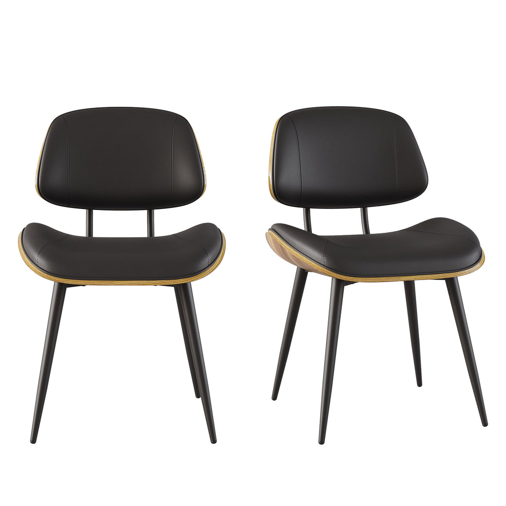 Walnut Bentwood Armless PU Leather Dining Chairs Set of 2, Black | PU leather seat with walnut bentwood back & metal legs, armless retro design, sturdy construction for dining & living room