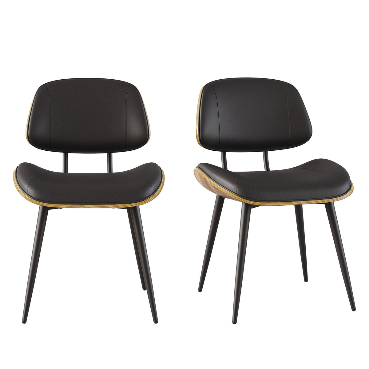 Walnut Bentwood Armless PU Leather Dining Chairs Set of 2, Black | PU leather seat with walnut bentwood back & metal legs, armless retro design, sturdy construction for dining & living room