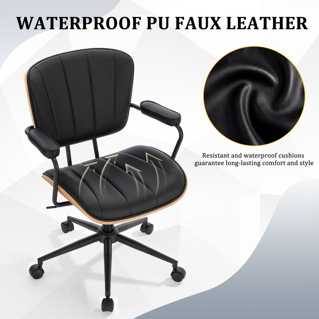 Mid Century Modern Walnut Leather Office Chair with Arms, Black | Fixed walnut bentwood back with armrests, height-adjustable swivel rolling base, PU leather seat, ideal for home office use