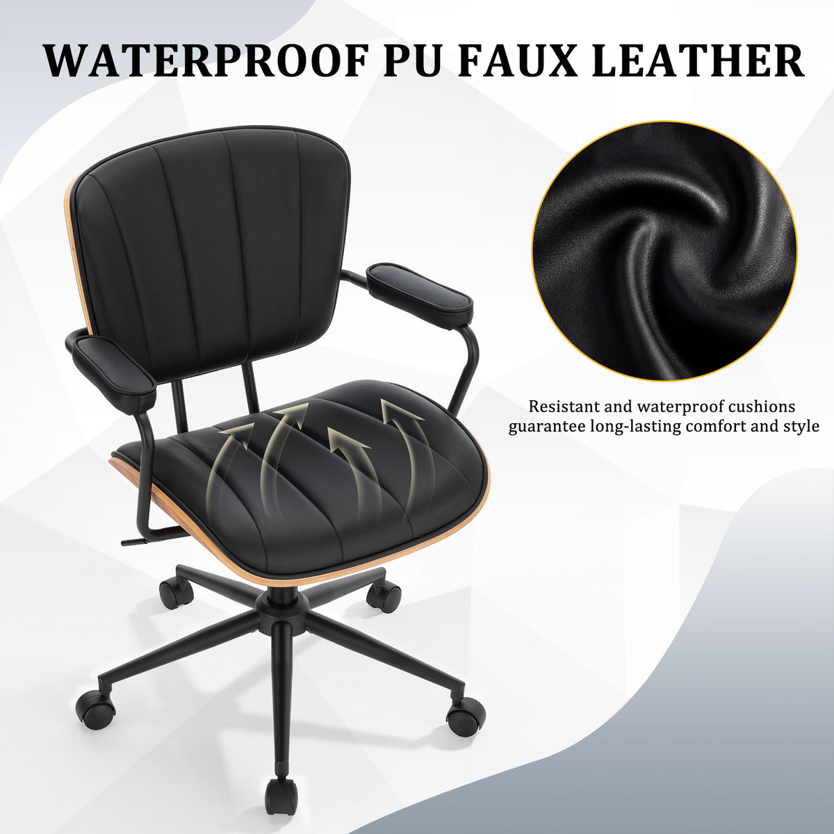 Mid Century Modern Walnut Leather Office Chair with Arms, Black | Fixed walnut bentwood back with armrests, height-adjustable swivel rolling base, PU leather seat, ideal for home office use