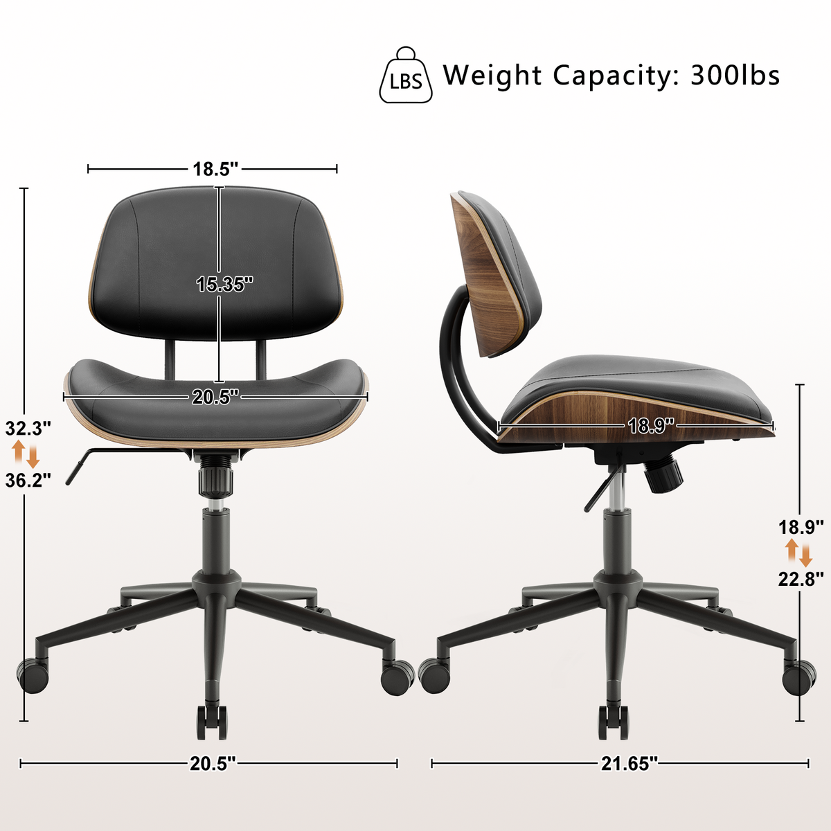 Armless Office Chair with Wheels, PU Leather Desk Chair, Black | Adjustable Height Task Chair, 360° Swivel Ergonomic Computer Chair for Small Space, Modern Walnut Style, Home & Meeting Room