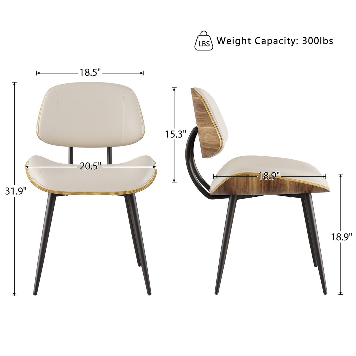 Walnut Bentwood Armless PU Leather Dining Chairs Set of 2, Black | PU leather seat with walnut bentwood back & metal legs, armless retro design, sturdy construction for dining & living room