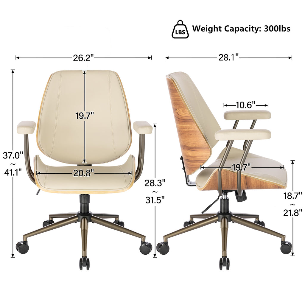 Modern Mid Back Office Chair, Adjustable Swivel Desk Chair with Arms, Black | Faux leather seat, wood accent detail, mid-back with padded armrests, adjustable swivel, for home office, bedroom & study