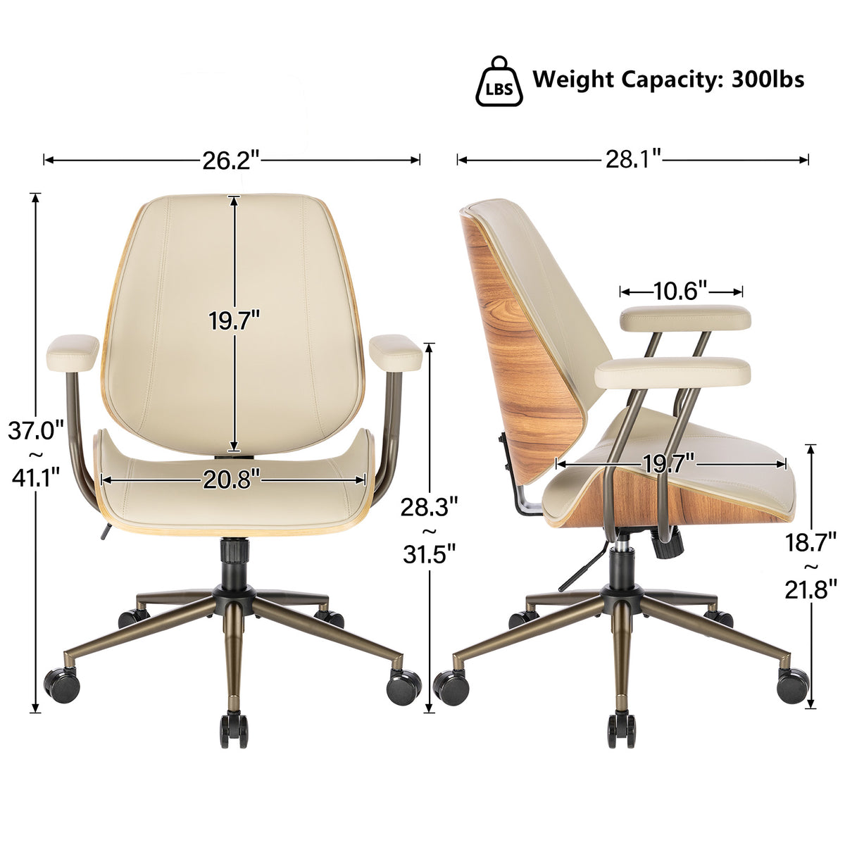 Modern Mid Back Office Chair, Adjustable Swivel Desk Chair with Arms, Black | Faux leather seat, wood accent detail, mid-back with padded armrests, adjustable swivel, for home office, bedroom & study