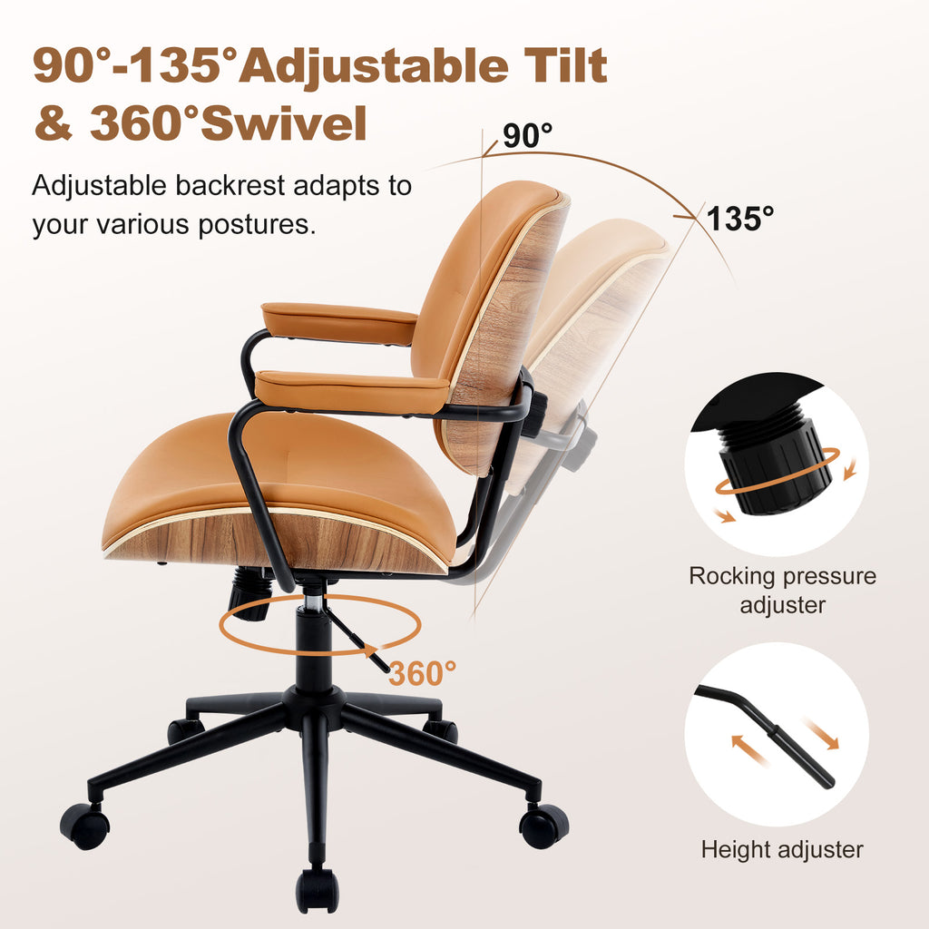 Mid Century Modern Office Chair with Armrest and Adjustable Backrest, Black | Wooden frame with armrests & adjustable backrest, swivel & height-adjustable, PU leather seat for home office comfort