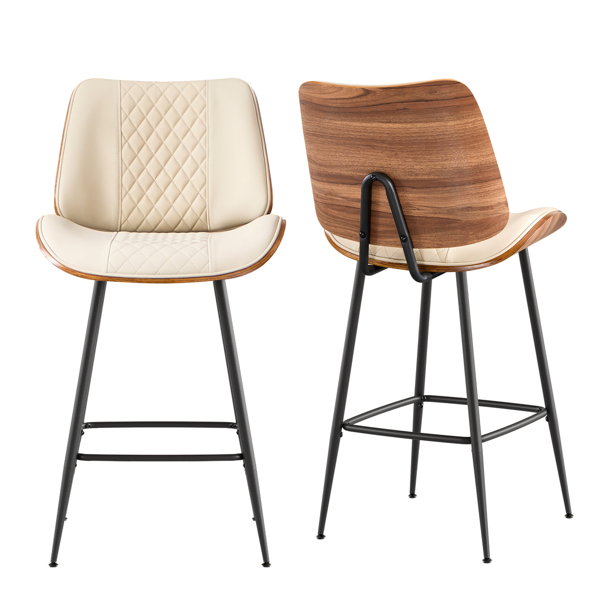 Counter Height Barstools Set of 2, 26.9" Bentwood Metal Legs, Black | Walnut Armless PU Leather Stools, Modern Pub, Home Counter, Kitchen Island & Cafe, Bentwood Walnut Look, 300LBS Easy Clean