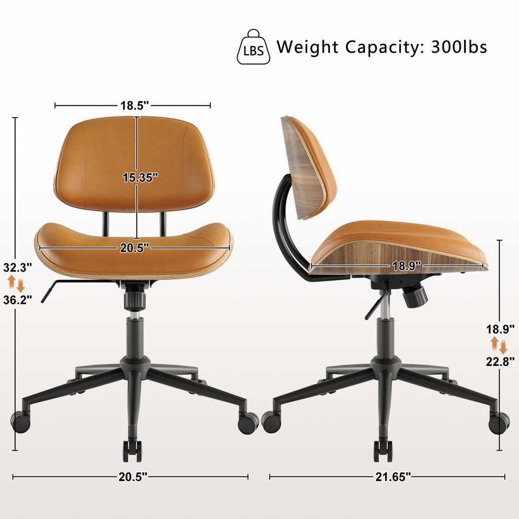 Armless Office Chair with Wheels, PU Leather Desk Chair, Black | Adjustable Height Task Chair, 360° Swivel Ergonomic Computer Chair for Small Space, Modern Walnut Style, Home & Meeting Room