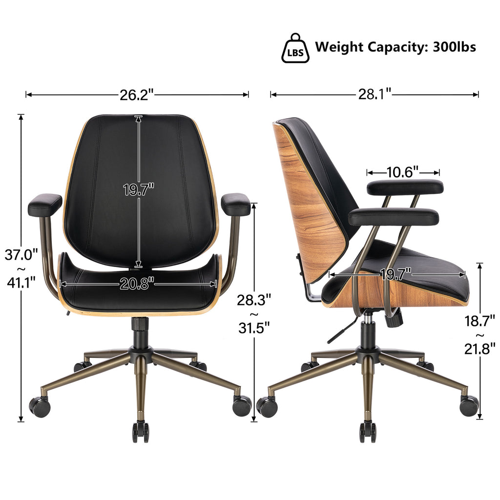 Modern Mid Back Office Chair, Adjustable Swivel Desk Chair with Arms, Black | Faux leather seat, wood accent detail, mid-back with padded armrests, adjustable swivel, for home office, bedroom & study