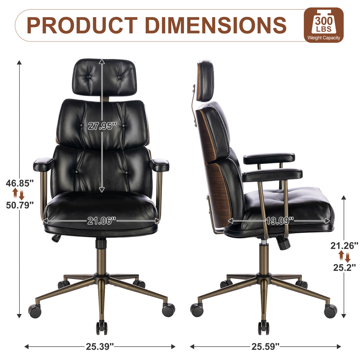 Mid-Century Modern Ergonomic Office Chair, High Back Headrest, Black | Faux Leather Executive Desk Chair, Walnut Bentwood & Adjustable Headrest, Swivel Computer Chair for Home Office, 300LBS Cap