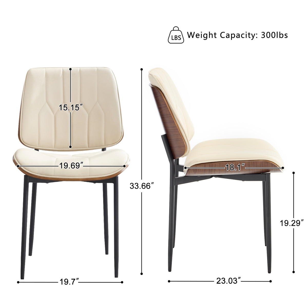 Mid Century Walnut Bentwood Armless Kitchen Dining Chairs Set of 4, Beige | PU leather seat with curved walnut bentwood back & metal legs, armless design, ideal for dining room, kitchen, or cafeteria