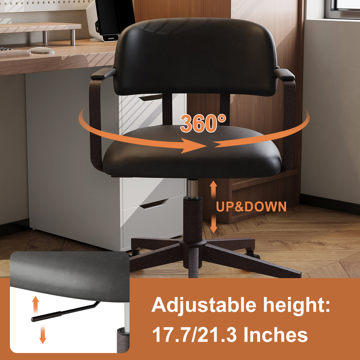 Quiet Small Modern Office Chair PU Leather Black | Padded Armrests, Curved Back Support, 360° Swivel, Height Adjustable, Quiet PU Wheels, Faux Leather, 300 lb Limit, Easy Clean