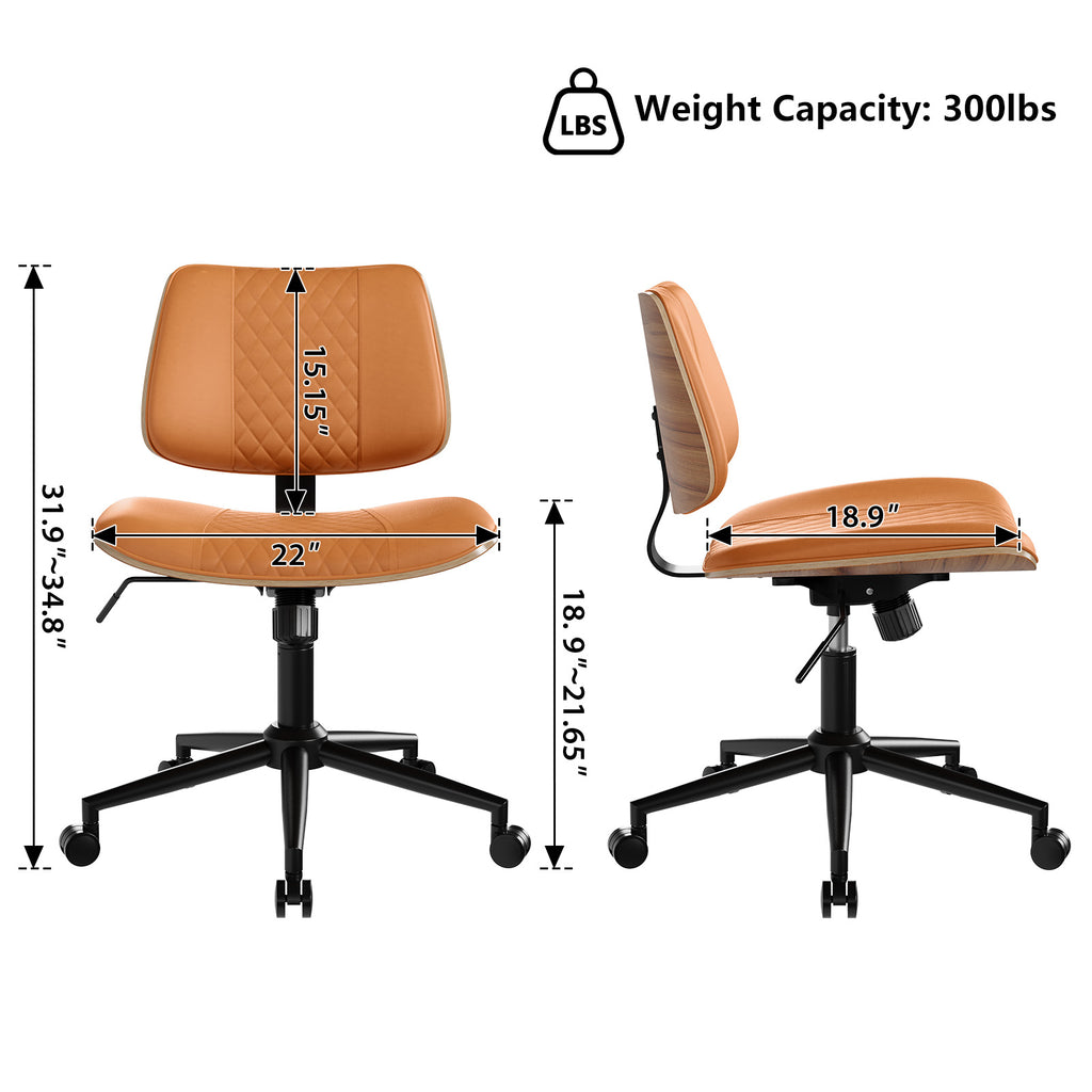 Home Office Chair No Arms with Wheels, Mid Back Walnut Style