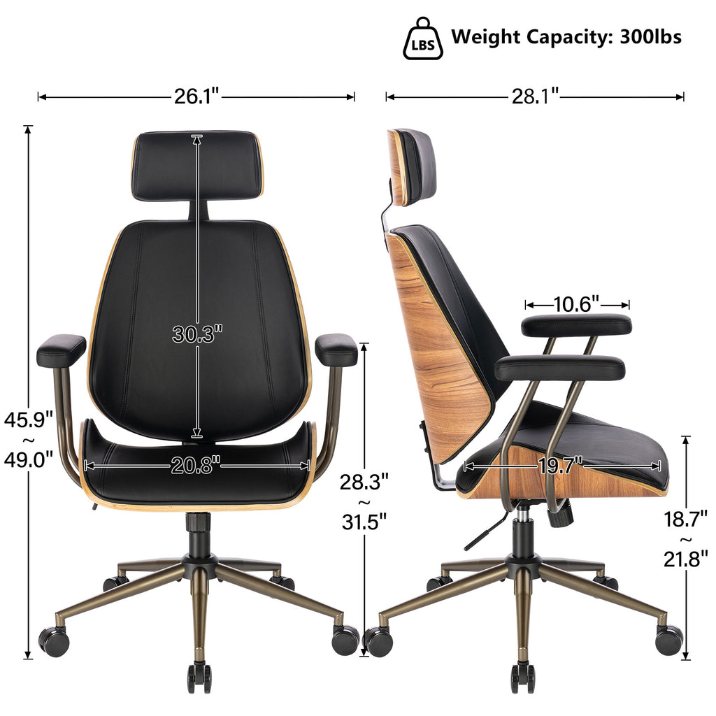 High Back Ergonomic Office Chair, with Headrest & Arms, Black | Faux leather executive chair, high-back with headrest, padded armrests, adjustable swivel, ideal for home office & workspace